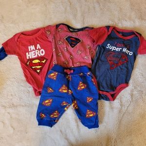 Superman Baby Clothes 3-6 Month Bundle 3 Bodysuits and 1 Pant Lot Red and Blue